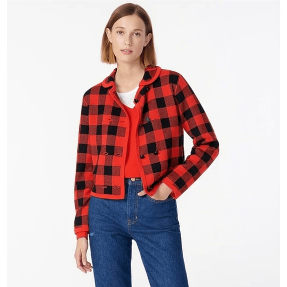 J. Crew Sweater Jacket Plaid Red Black - Picture 1 of 13